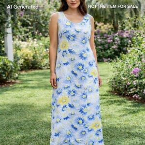 Liz Claiborne Size 16 Blue Yellow Floral Linen Maxi Dress Sleeveless Summ